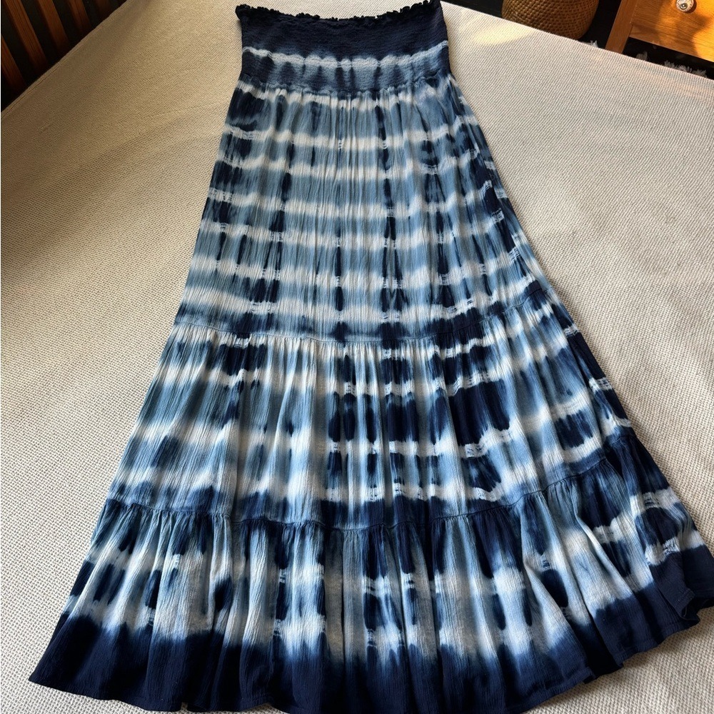 Aerie Maxi Dress Blue White Tie Dye Smocked Tube Strapless Boho Beach XL TG - Picture 3 of 5